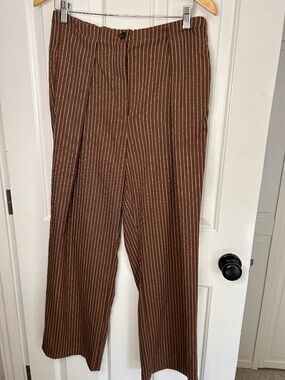 Free People Pinstripe Brown Wide Leg Pleated Trouser Pants - Medium